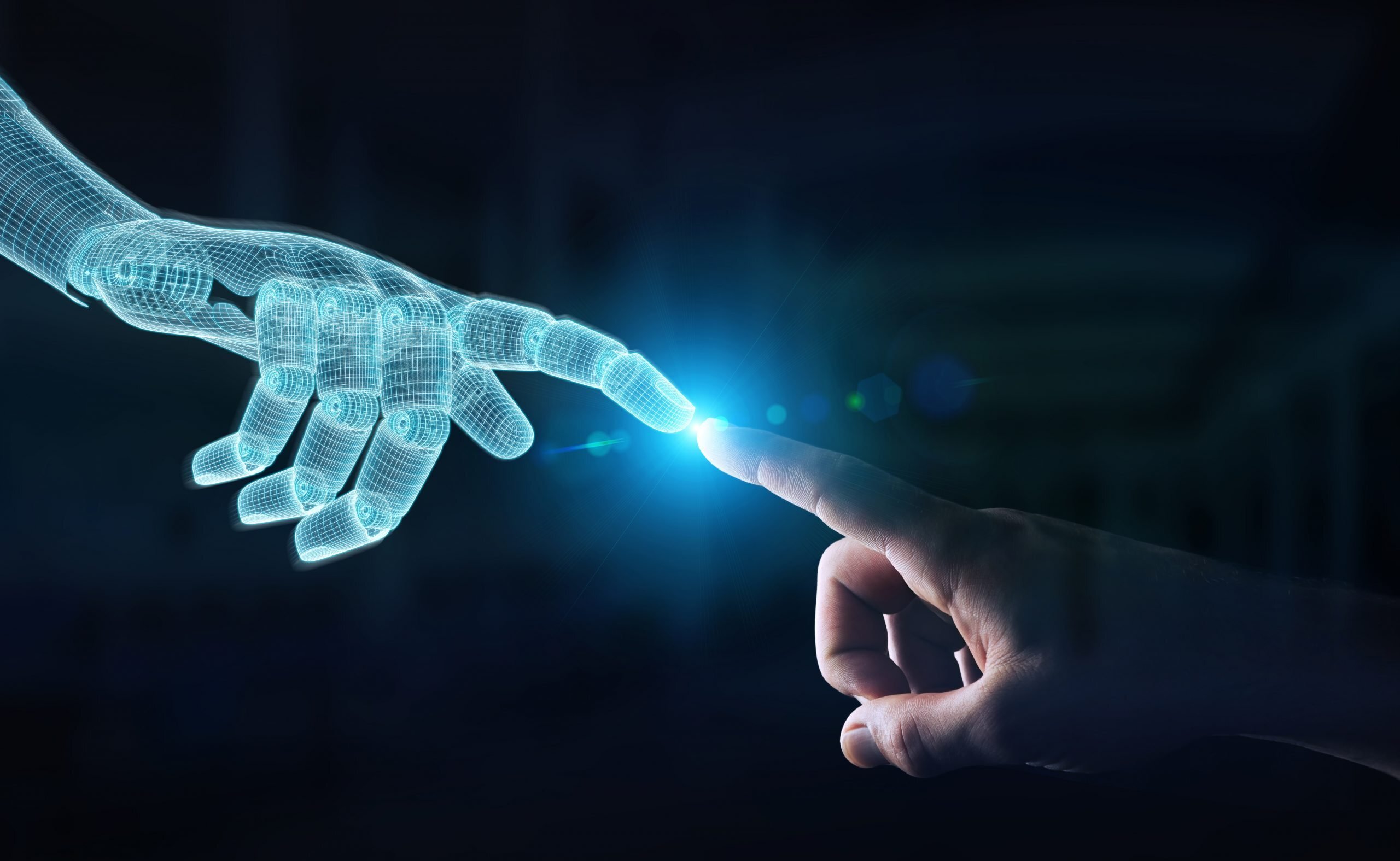 Wireframed Robot hand making contact with human hand on dark 3D rendering