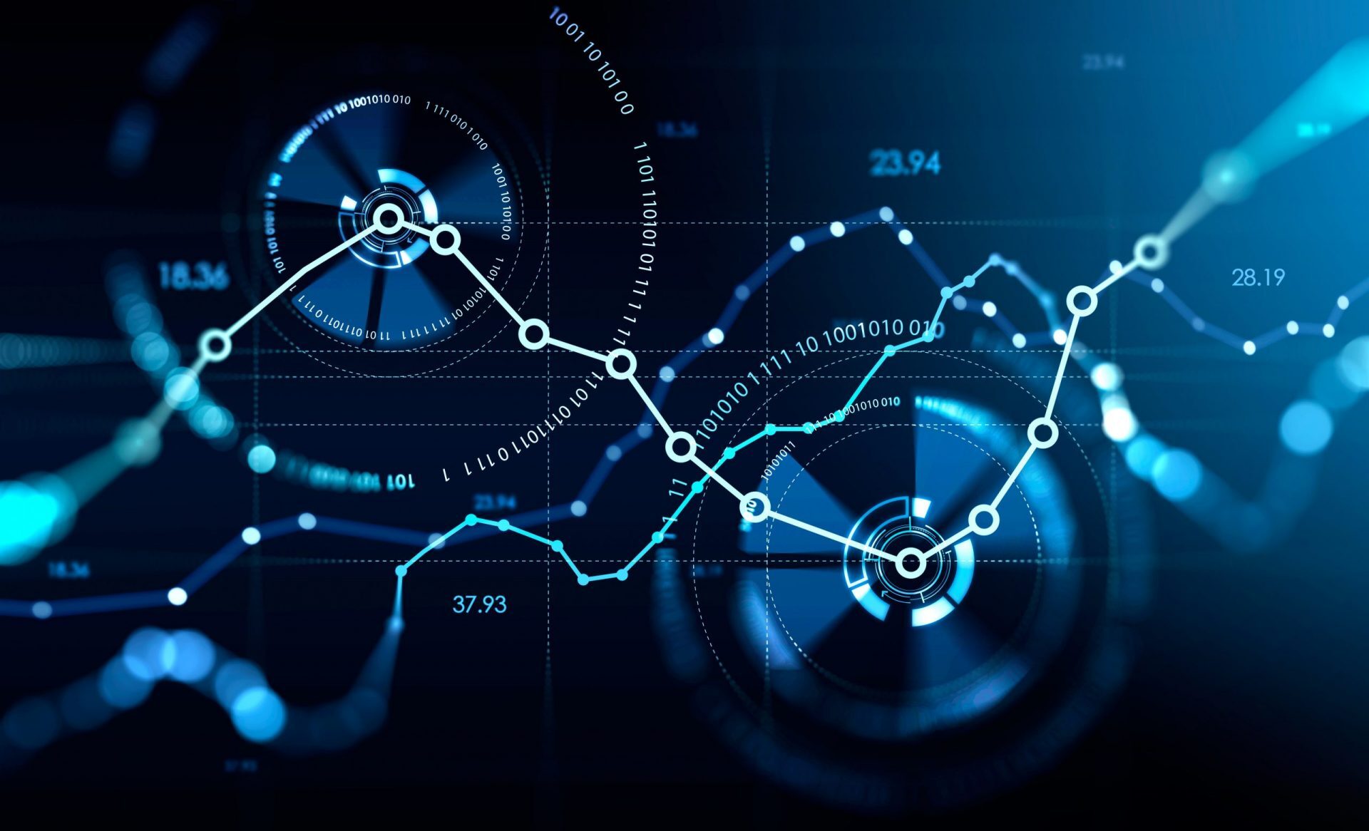 Stock market changes, business hologram with glowing numbers. Binary blue chart with growing lines. Concept of economy and online trading. 3D rendering