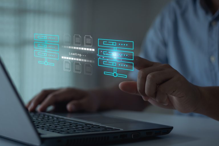 Hand touch on server for Send of document on internet. Data transfer, Transfer file of data between folder, Backup data, Exchange of file on folder, DMS. Virtual document loading to another folder.